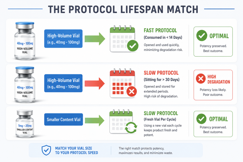 Protocol lifespan infographic showing optimal vial size matching: large vials for fast use, small vials for slow protocols.