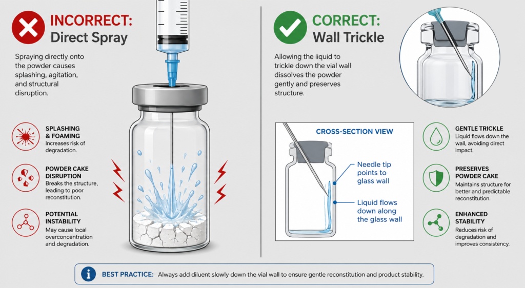 Side-by-side comparison diagram showing the correct and incorrect fluid dynamics for a bacteriostatic water reconstitution guide.