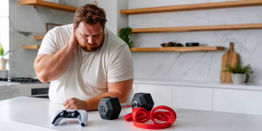 Illustration of a man balancing exercise vs sedentary video games to build long-term habits in the GLP-1 era.