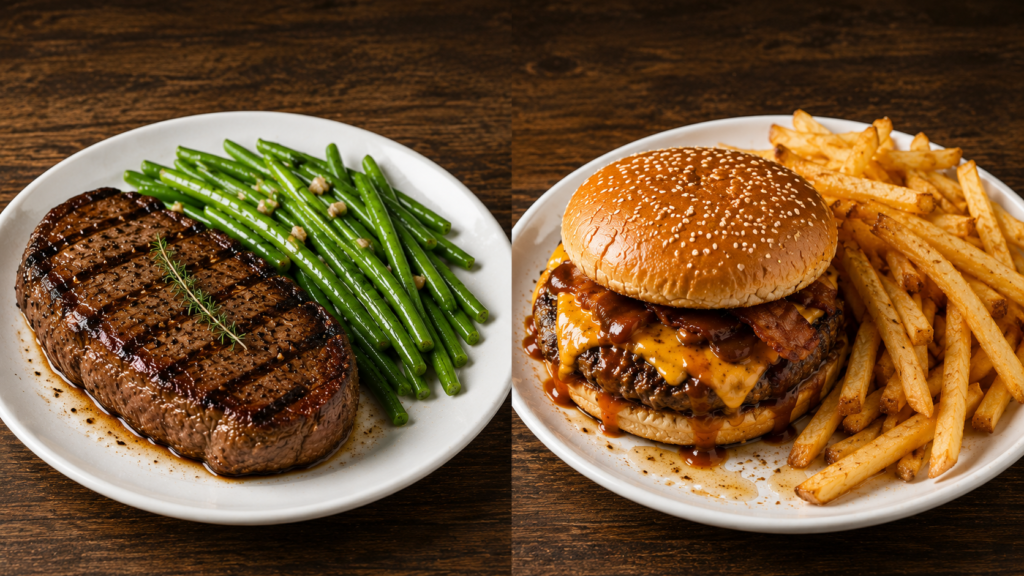 Nutrient-dense steak vs an ultra-processed burger to avoid nutrient depletion and muscle loss during GLP-1 weight loss.