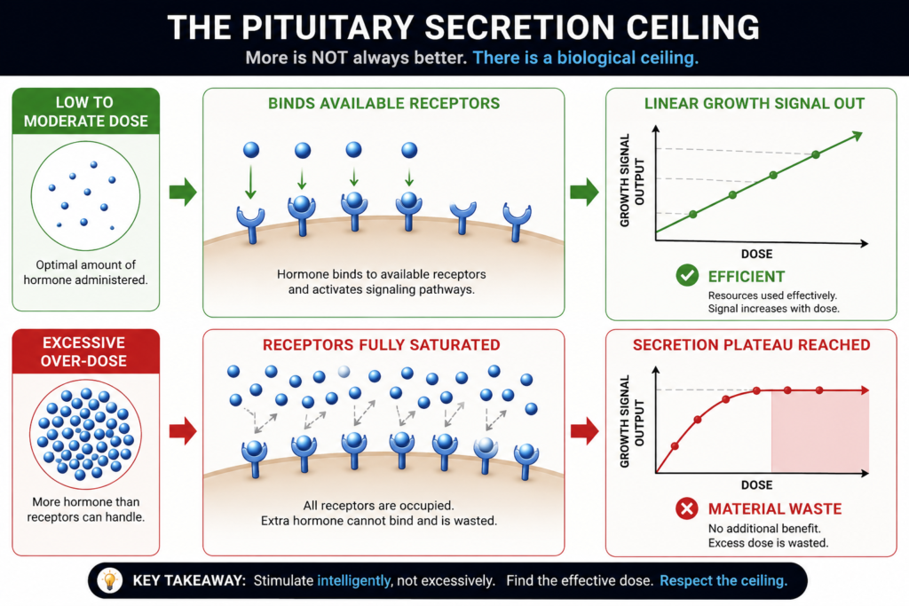 Diagram illustrating the pituitary secretion ceiling for Ipamorelin selective secretagogue research comparing effective dosing vs material waste.