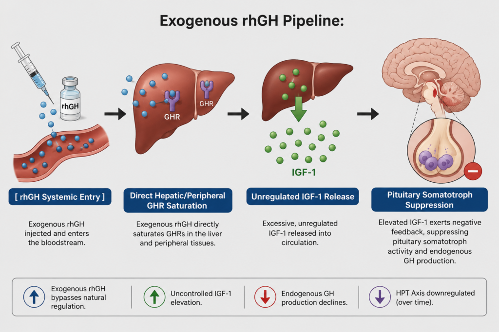 Diagram illustrating the exogenous rhGH systemic pipeline, showing direct hepatic and peripheral GHR saturation, unregulated IGF-1 release, and downstream pituitary somatotroph suppression.