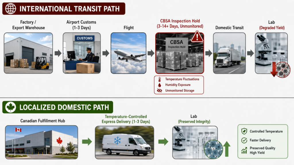 Diagram contrasting long international cross-border transit through CBSA inspection holds with rapid 1 to 3 day localized Canadian temperature-controlled express delivery.