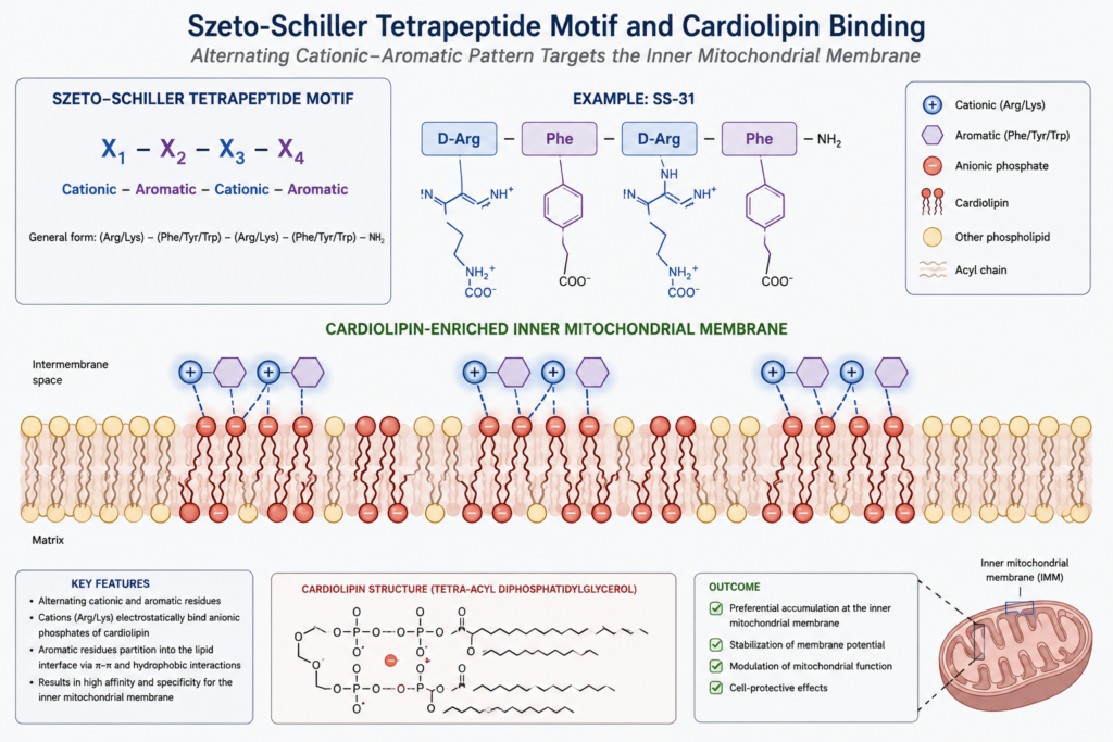 Schematic of the Szeto-Schiller tetrapeptide alternating cationic and aromatic residue motif positioned at the cardiolipin-enriched inner mitochondrial membrane, illustrating the proposed basis for accumulation at that membrane.