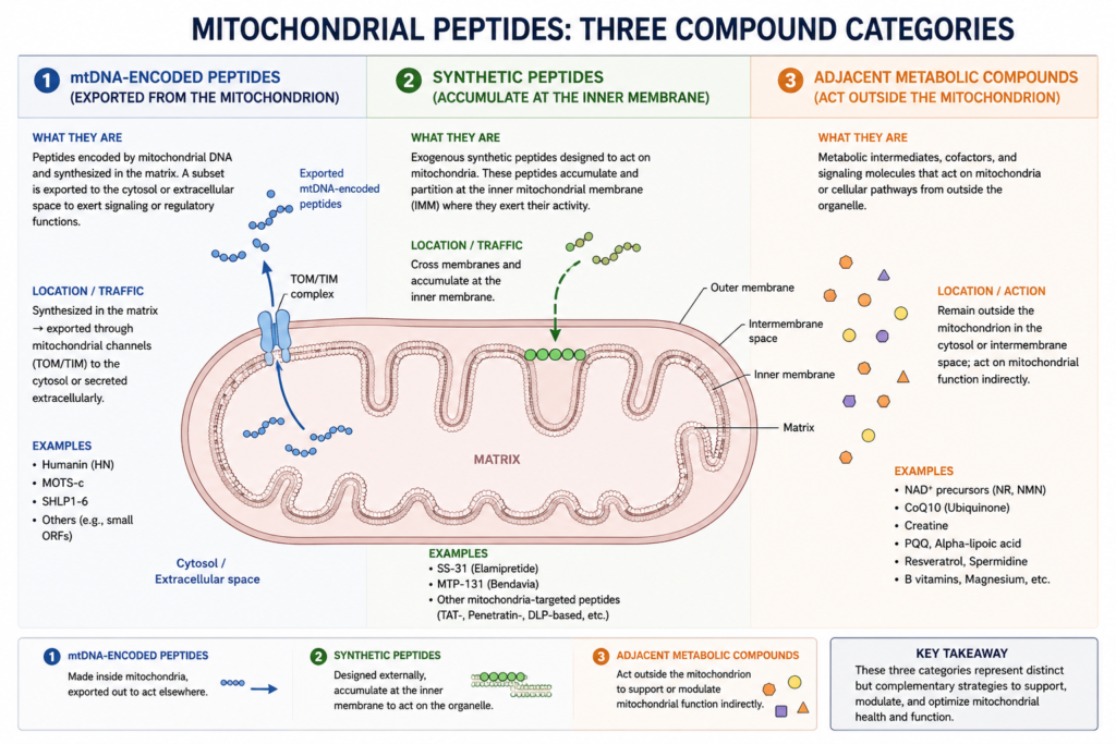 Taxonomy diagram of three compound categories grouped under the mitochondrial peptide label: mtDNA-encoded peptides exported from the organelle, synthetic peptides accumulating at the inner mitochondrial membrane, and adjacent metabolic compounds acting outside it.