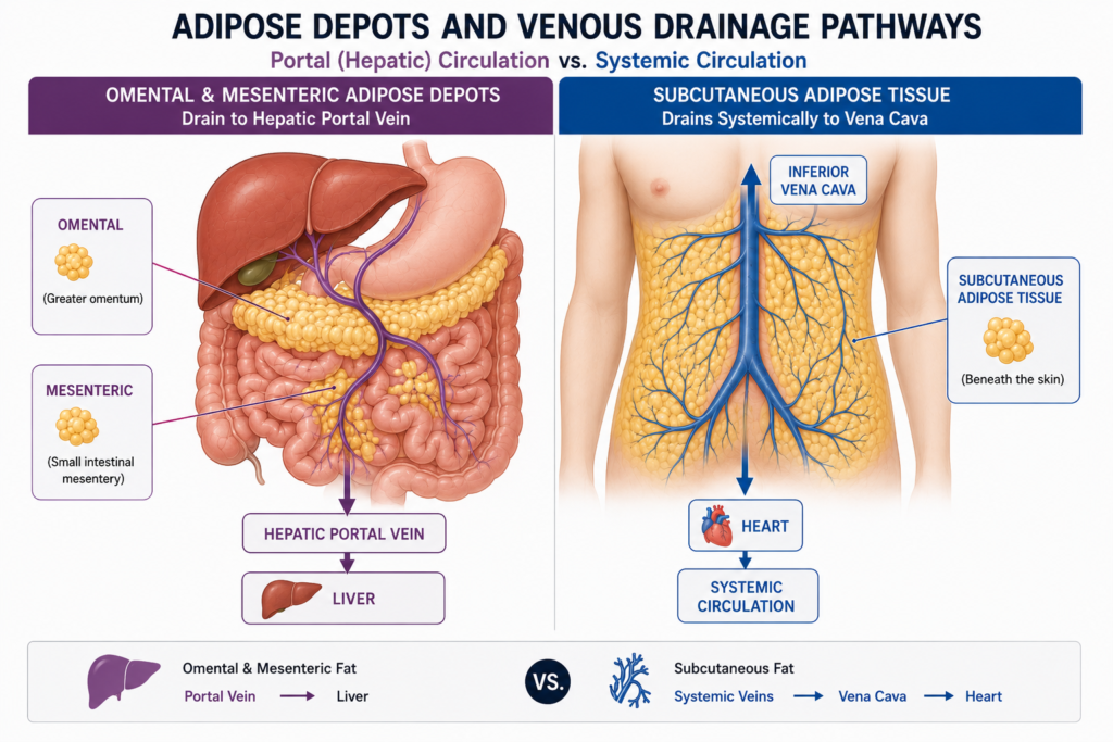 Anatomical diagram contrasting omental and mesenteric adipose depots draining into the hepatic portal vein with subcutaneous adipose tissue draining systemically into the vena cava.