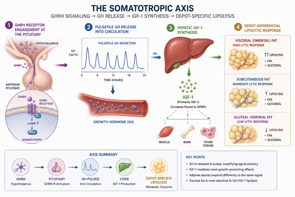Diagram of the somatotropic axis showing GHRH receptor engagement at the anterior pituitary, pulsatile growth hormone release, hepatic IGF-1 synthesis, and differential lipolytic response between adipose depots.