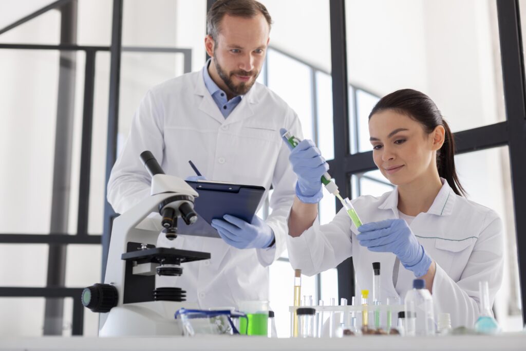 Researchers working in a laboratory, representing the analytical testing that underlies a peptide certificate of analysis. 