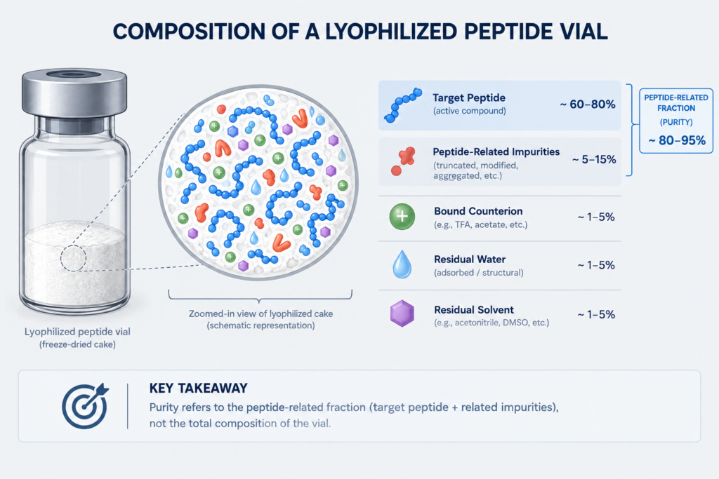 Diagram of the composition of a lyophilised peptide vial, separating target peptide, peptide-related impurities, bound counterion, residual water, and residual solvent, with the purity figure bracketed across only the peptide-related fraction.